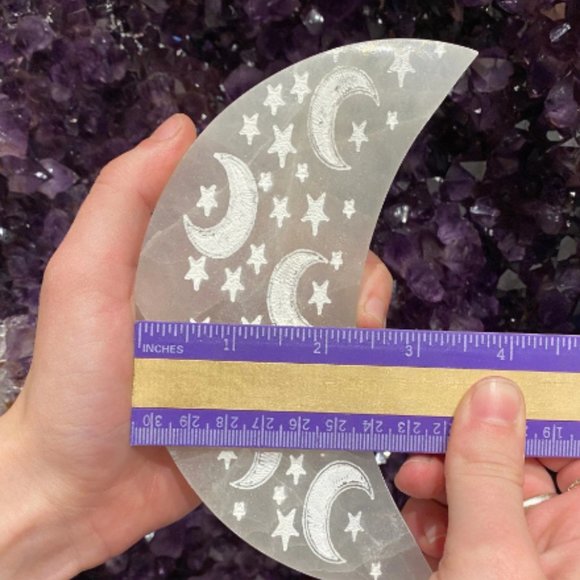 Selenite Moon Etched Charging Plate, Home Decor, Office Art, Boho Decorations - Picture 5 of 7